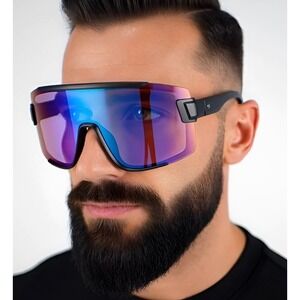 Men Black Frame Sporty Visor Oversized Shield Sunglasses Iridescent Mirrored